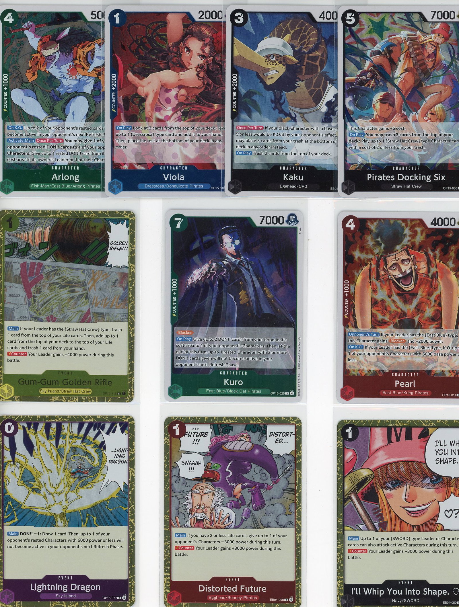 Lot of 10 One Piece Foil Character Cards: This lot contains 10 authentic One Piece foil trading cards from Bandai's official Trading Card Game. The collection features key characters including Viola, Kaku, Pearl, Kuro, Pirates Docking Six,