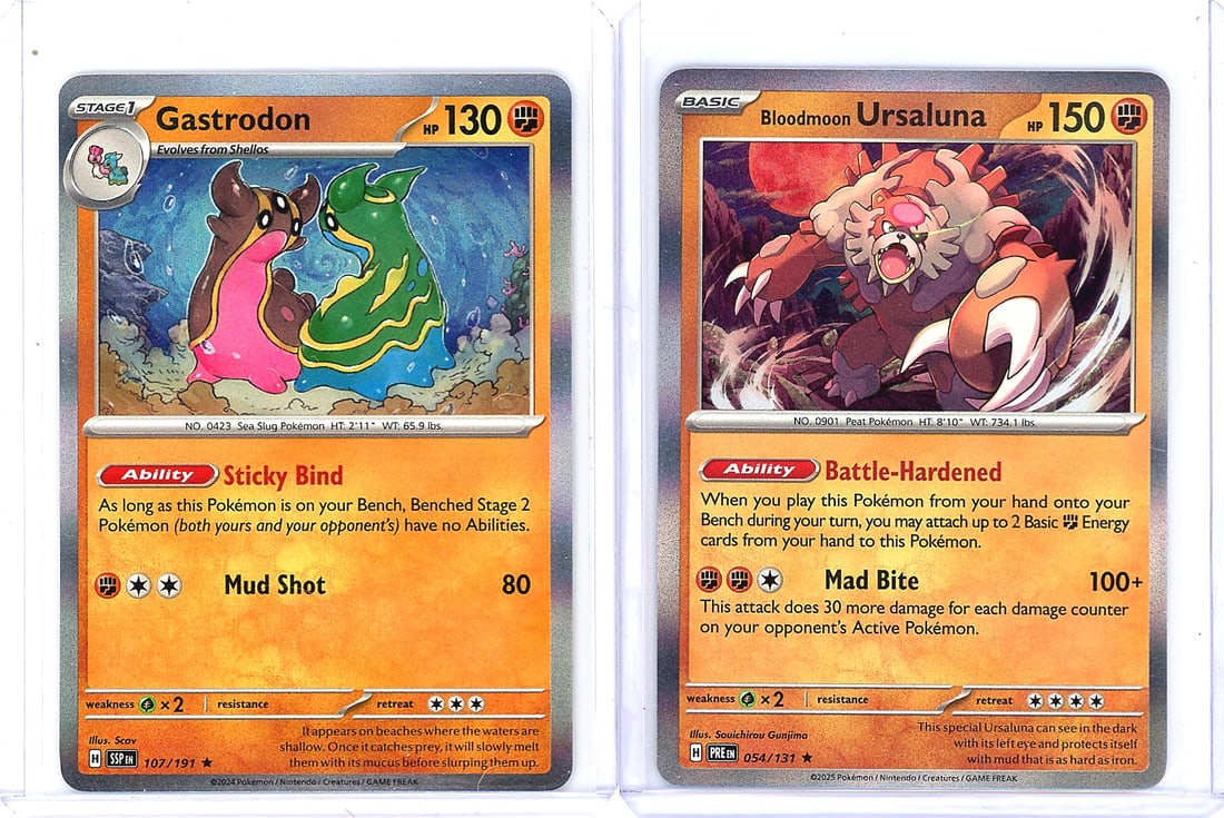 2-Card Lot Modern Reverse Holo Pokemon Trading: This lot contains two modern Pokemon Trading Card Game cards in reverse holographic finish. The cards shown are Stage 1 and Basic Pokemon from the Scarlet & Violet era, each featuring detailed