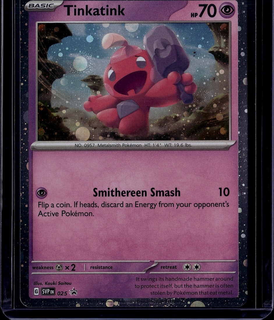 2023 Pokemon Scarlet Violet Black Star Promo: Tinkatink SVP025 is a 2023 Black Star Promo card from the Scarlet & Violet series, distributed in Paldea Evolved Three-Pack Blisters. It is a Basic Fairy/Steel-type Pokemon card (the Metalsmith