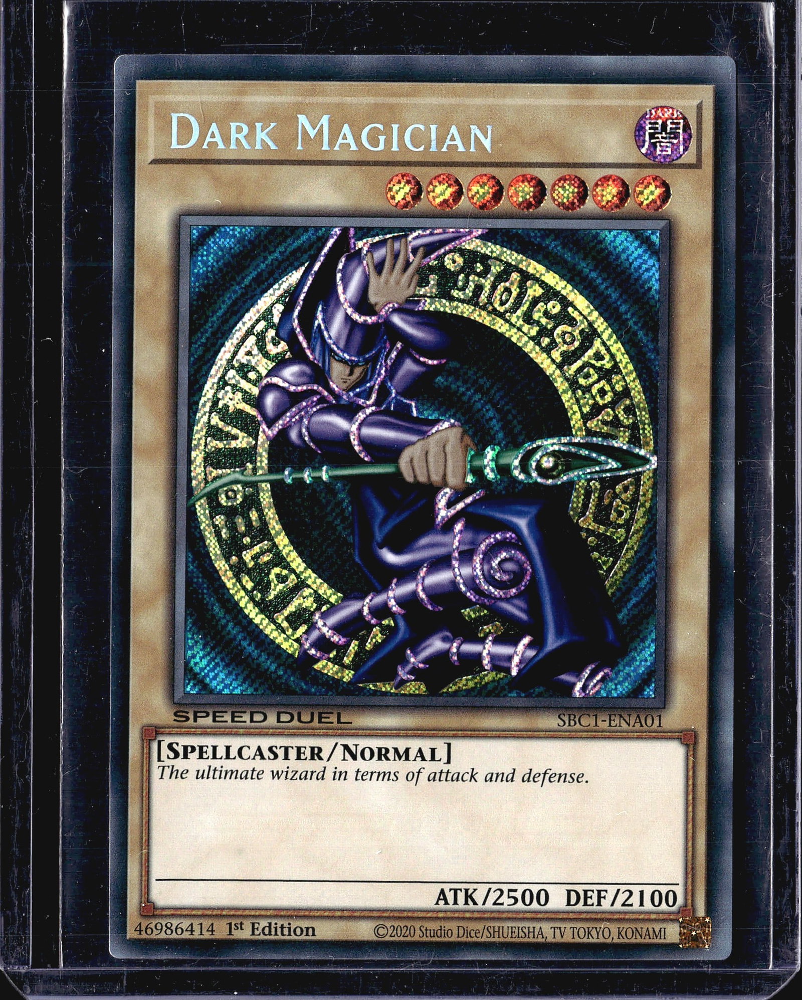 2020 Yu-Gi-Oh Dark Magician SBC1-ENA01 Speed: This listing features a 2020 Yu-Gi-Oh! Dark Magician card from the Speed Duel: Streets of Battle City set, card number SBC1-ENA01. It is a 1st Edition printing, clearly stamped on the card face. Dark