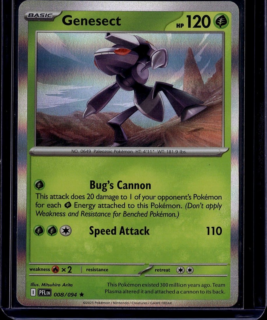 2025 Pokemon Mega Evolution Phantasmal Flames: Genesect 008/094 is a Rare Grass-type Basic Pokemon card from the Pokemon TCG: Mega Evolution-Phantasmal Flames expansion, released November 14, 2025. It is the second main expansion in the Mega