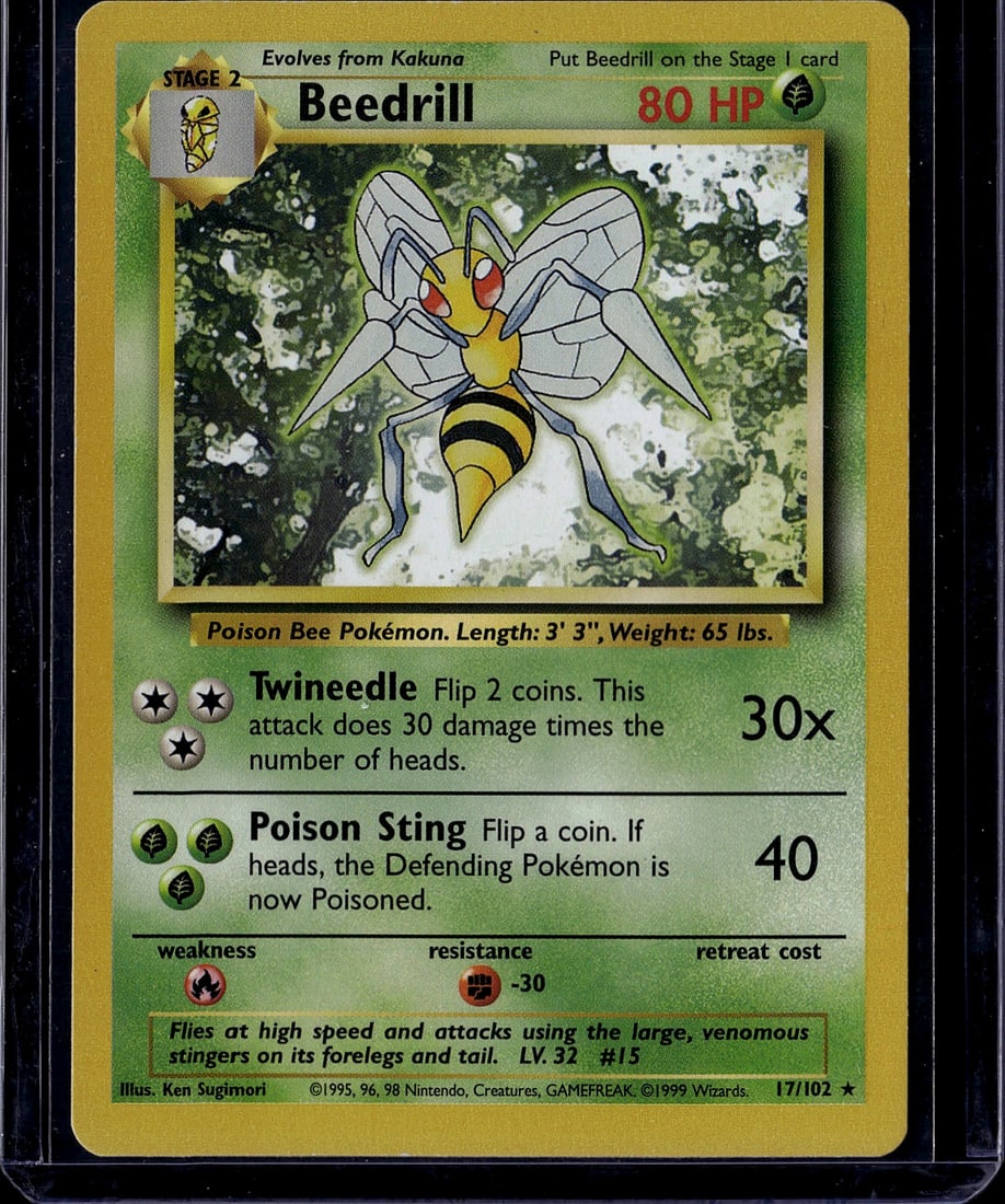 Beedrill 17/102 Base Set 1999 Pokemon Card Stage: This is an original 1999 Beedrill Pokemon Trading Card Game card from the Base Set, card number 17/102. The card features the iconic Poison Bee Pokemon illustrated by Ken Sugimori with vibrant