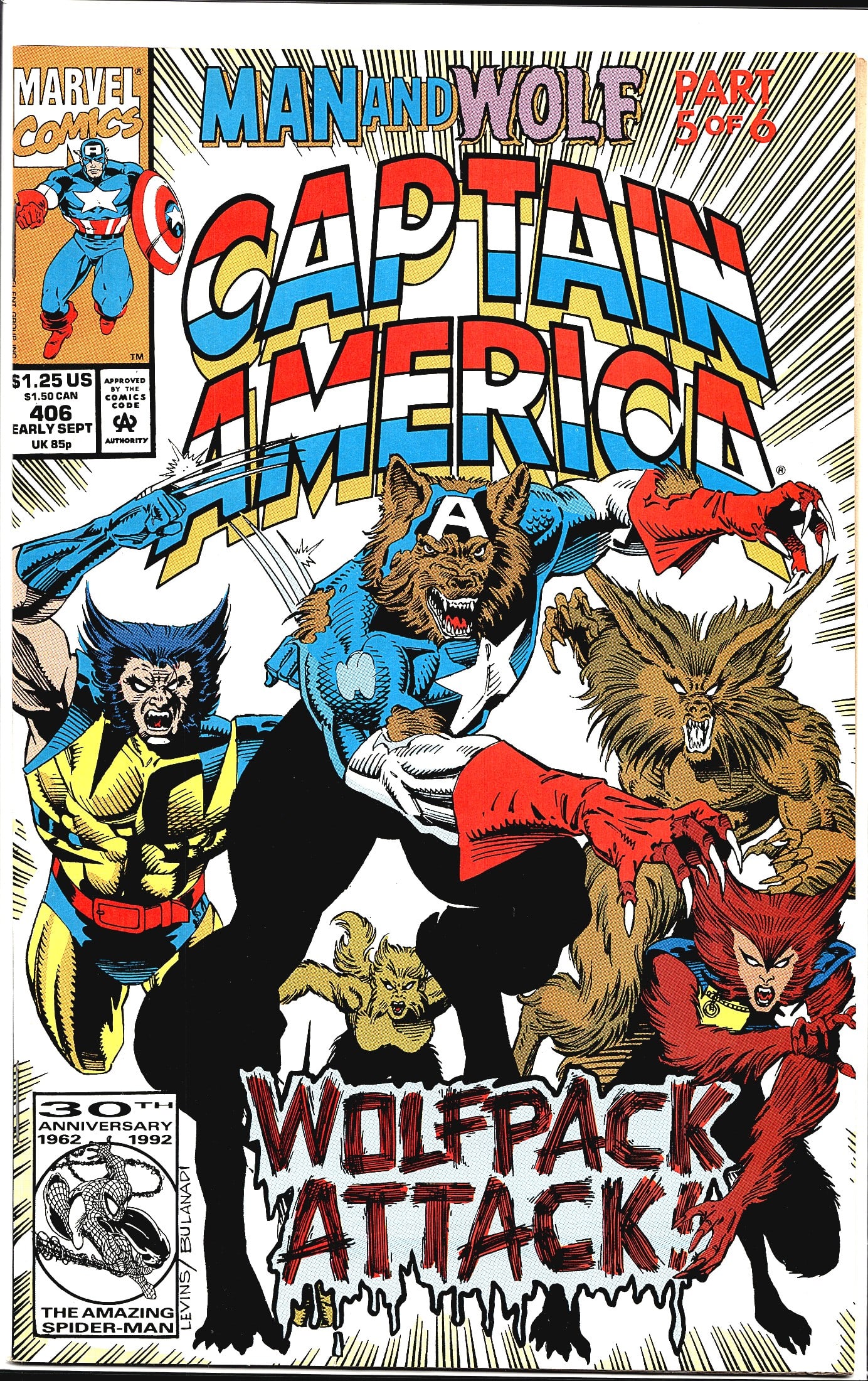 1992 Marvel Comics Captain America #406 Comic: Captain America #406 from Marvel Comics, published Early September 1992, priced at $1.25 US / $1.50 CAN / 85p UK. This issue is Part 5 of 6 of the 'Man and Wolf' story arc, subtitled 'Wolfpack Attacks