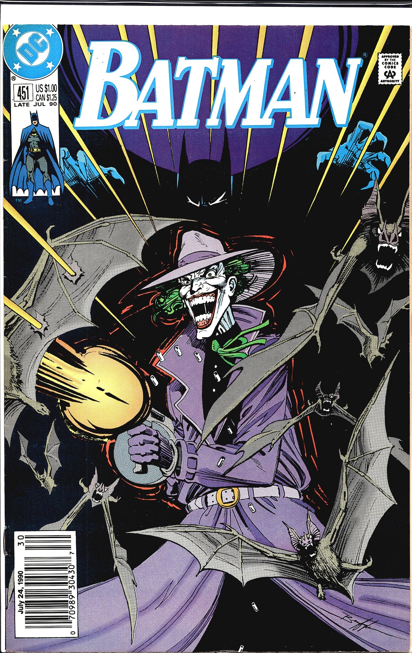 1990 DC Comics Batman #451 Comic Book Collectible: Batman #451 published by DC Comics, dated Late July 1990, priced at $1.00 US / $1.25 CAN. This issue features a striking cover showcasing the Joker in his classic purple costume and wide-brimmed hat,