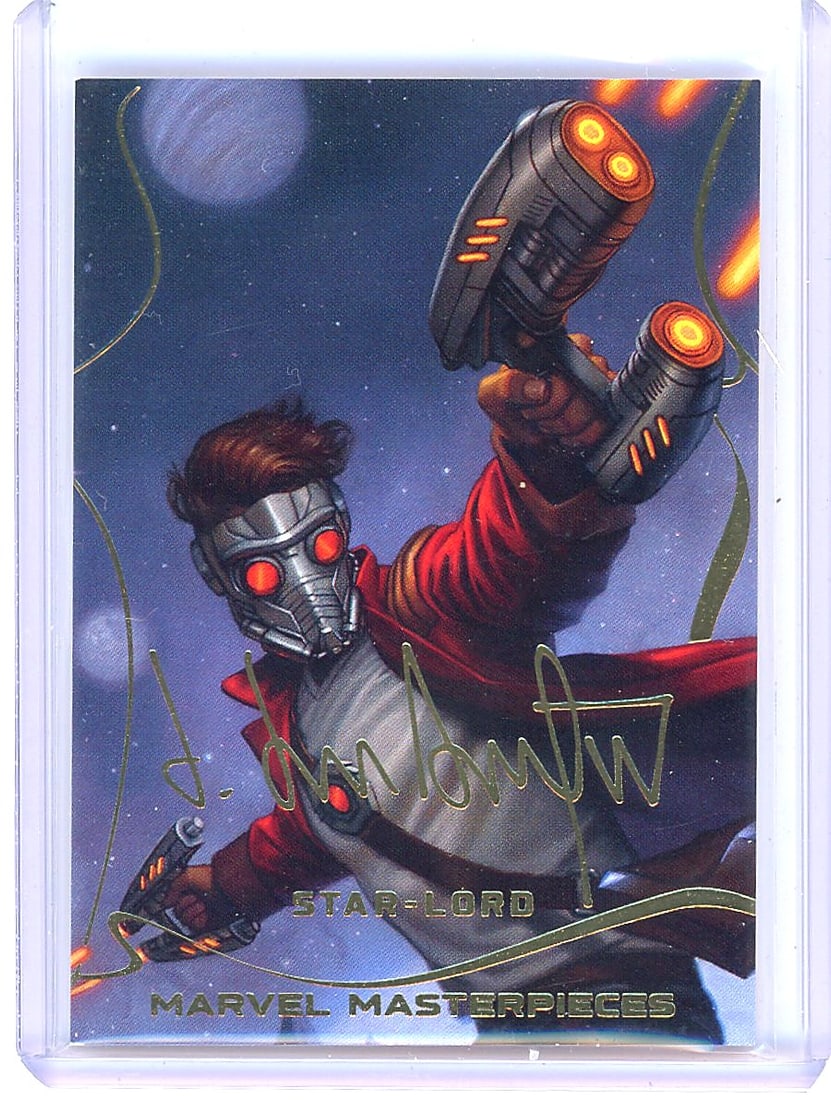 2022 Upper Deck Marvel Masterpieces #56: This is card #56 from the 2022 Upper Deck Marvel Masterpieces set featuring Star-Lord (Peter Quill) of the Guardians of the Galaxy. The card is part of the Gold Signature Series and displays a bold