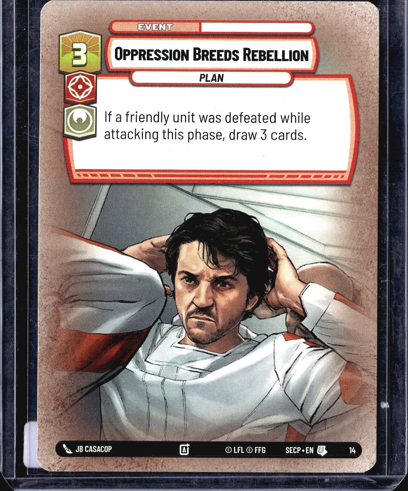 2024 Fantasy Flight Games Spark of Rebellion #14: This listing is for Oppression Breeds Rebellion, card #14 from the Star Wars Unlimited trading card game, published by Fantasy Flight Games under license from Lucasfilm (LFL). It is an Event card