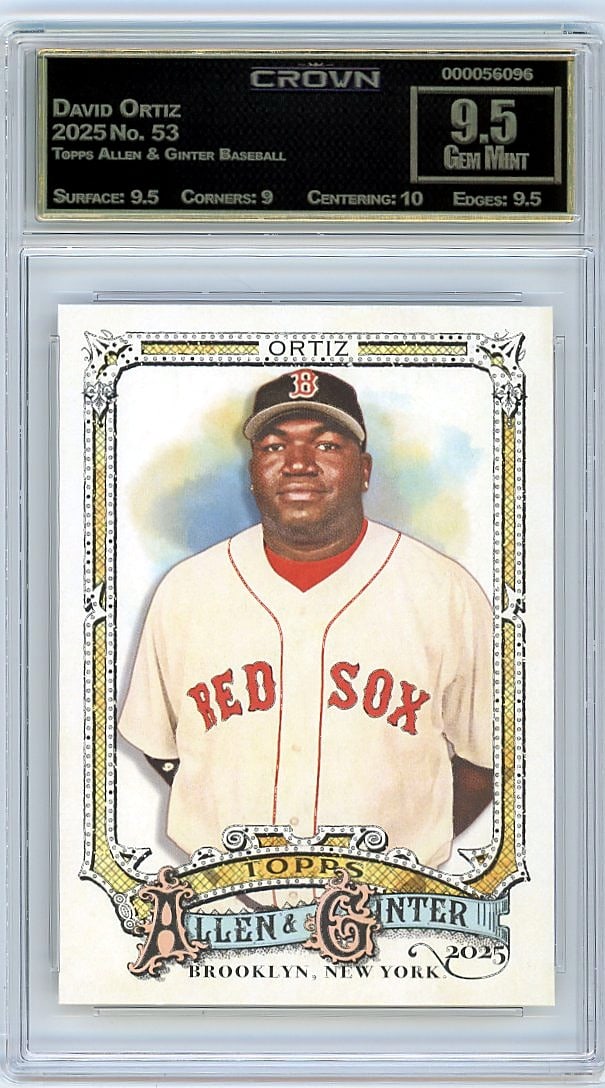 2025 Topps Allen & Ginter David Ortiz #53 Crown: This is a 2025 Topps Allen & Ginter Baseball card featuring David Ortiz, card number 53. The card has been professionally graded and authenticated by Crown, one of the industry's trusted grading compa