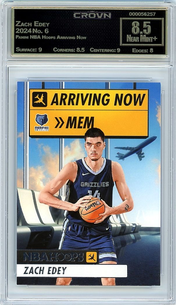 2024 Zach Edey Panini NBA Hoops #6 Crown 8.5: This is a 2024 Zach Edey card from the Panini NBA Hoops Arriving Now set, card number 6. It captures one of the most exciting rookies in modern basketball during his debut season. The card has been