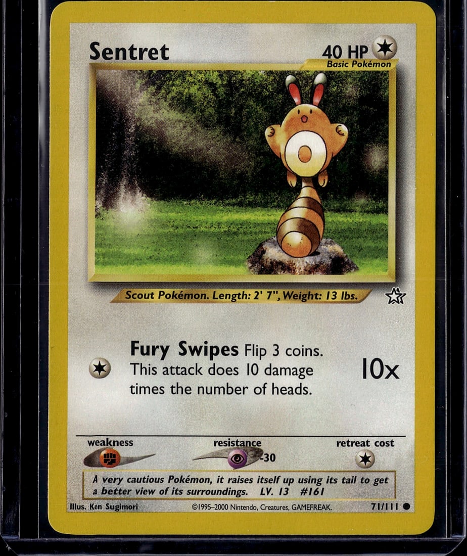 Sentret 161/111 Neo Genesis Pokemon Card Single: This is a raw Sentret Pokemon Trading Card Game single from the Neo Genesis set, card #161/111. Sentret is a Basic Scout Pokemon with 40 HP, featuring the Fury Swipes attack that flips 3 coins for