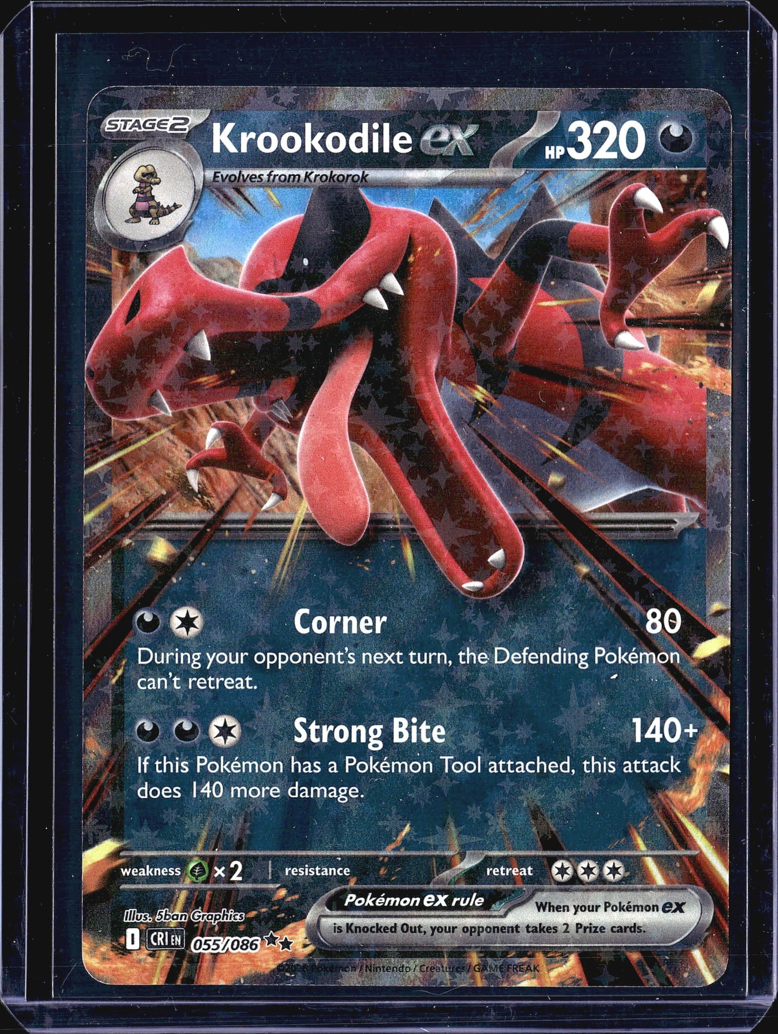 2024 Pokemon Chaos Rising Krookodile 055/086: This listing features Krookodile EX (055/086) from the Pokemon Crimson Invasion (CRI) expansion, a Stage 2 Darkness-type Pokemon card with an impressive 320 HP. The card evolves from Krokorok and