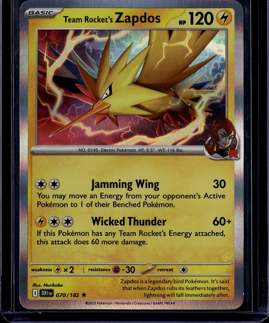 2025 Pokemon Destined Rivals Team Rocket's: This is Team Rocket's Zapdos Basic Electric Pokemon card from the 2025 Scarlet & Violet set, card number 070/182. The card features stunning full-art illustration of the legendary bird Pokemon