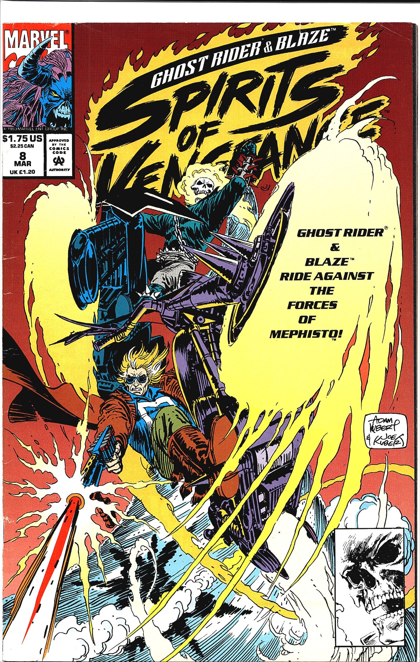 1993 Marvel Ghost Rider Blaze Spirits of: Marvel Comics presents Ghost Rider & Blaze: Spirits of Vengeance #8, published in March 1993 and priced at $1.75 US / $2.25 CAN. This issue features Ghost Rider and Johnny Blaze riding against the for