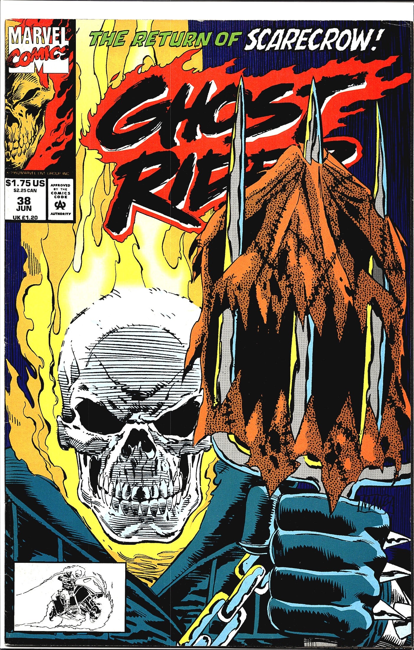 1993 Marvel Ghost Rider Vol. 2 #38 Comic Book: Ghost Rider #38 published by Marvel Comics, cover dated June 1993, featuring the story arc 'The Return of Scarecrow!' The cover art showcases Ghost Rider's iconic flaming skull face-to-face with the v