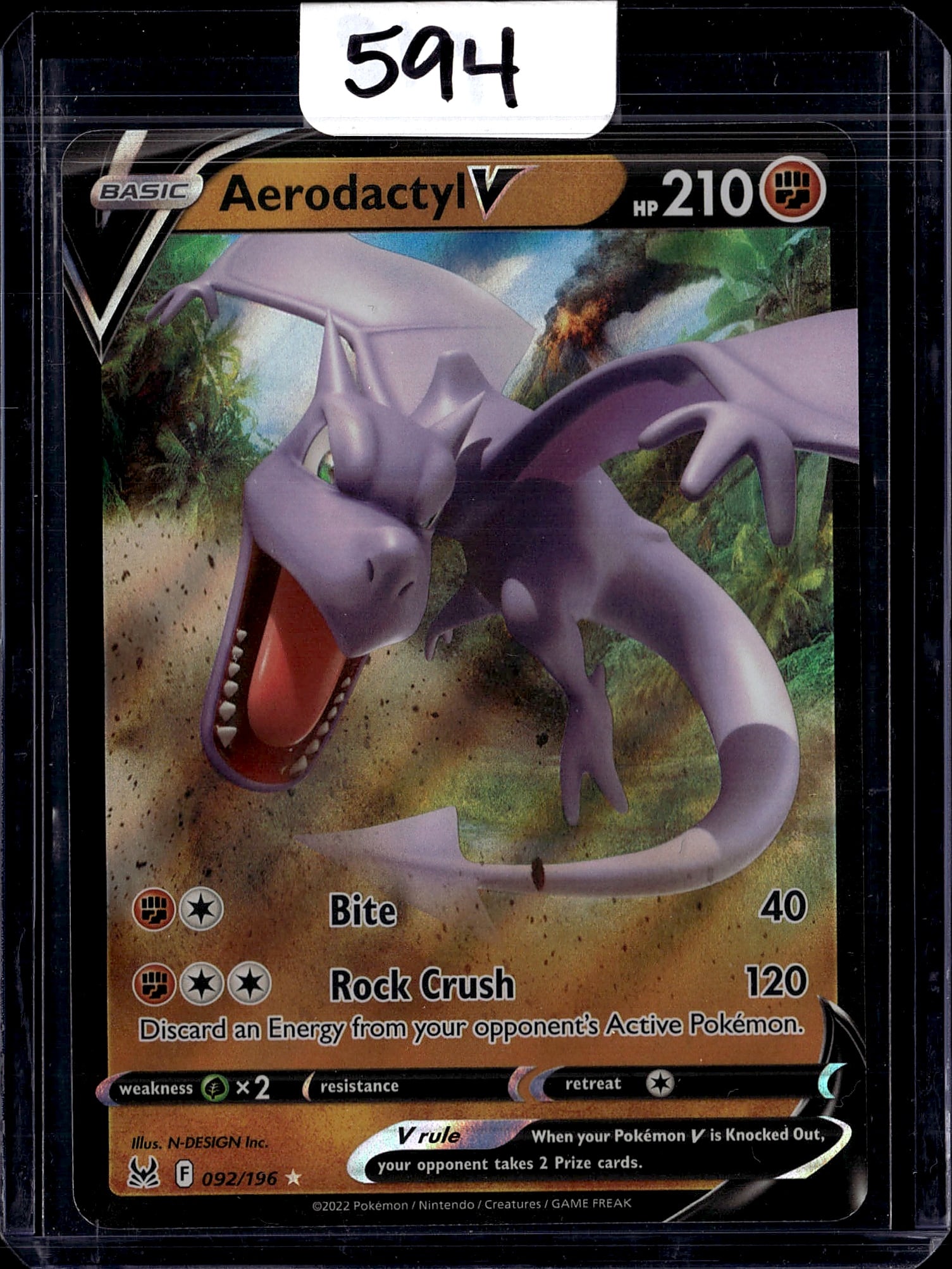 Aerodactyl V 092/196 Pokemon TCG Scarlet Violet: This is an Aerodactyl V Pokemon Trading Card Game card from the Scarlet & Violet set, card number 092/196. The card features a Basic Pokemon with 210 HP and displays excellent artwork of the iconic
