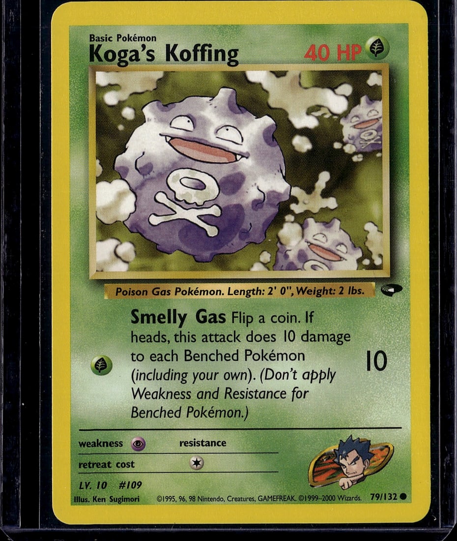 Koga's Koffing 79/132 Base Set Pokemon Card TCG: This is an original 1999 Pokemon Base Set Koga's Koffing card #79/132, a vintage single from The Pokemon Company's iconic first generation trading card game release. The card features the Poison Gas P