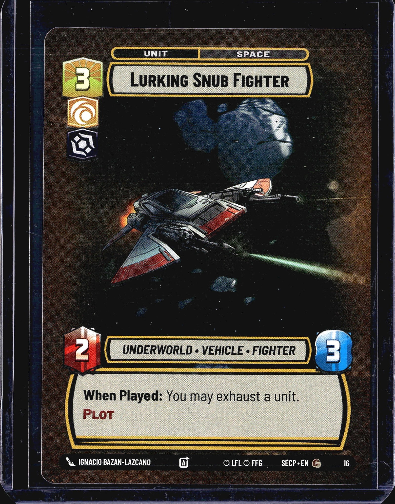 2024 Fantasy Flight Games Spark of Rebellion: This listing is for the Lurking Snub Fighter, card #16 from the Star Wars Unlimited trading card game set Spark of Rebellion (set code SECP). Published by Fantasy Flight Games under license from