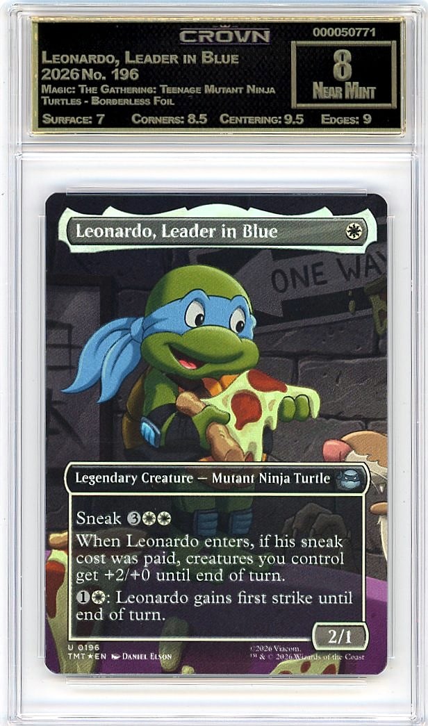 2026 Leonardo, Leader in Blue Magic: The: Secure this 2026 Leonardo, Leader in Blue Magic: The Gathering Teenage Mutant Ninja Turtles Borderless Foil card graded Crown Grade 8.00 - a premium crossover release capturing the iconic Blue mage in