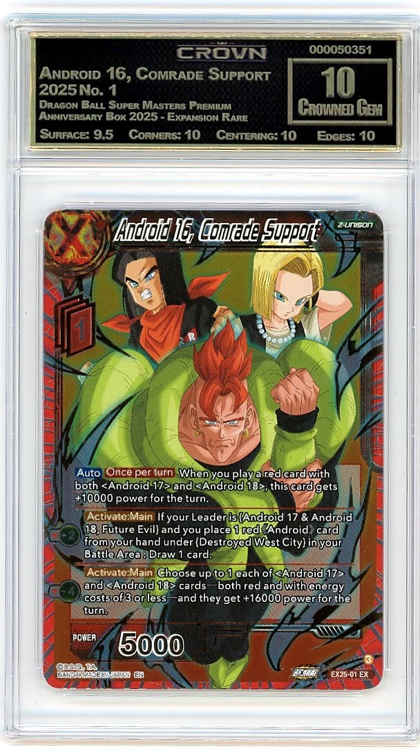 2025 Android 16 Comrade Support Dragon Ball: This is a 2025 Android 16, Comrade Support trading card from the Dragon Ball Super Masters Premium Anniversary Box 2025 - Expansion Rare set, card number 1. It represents a premium release