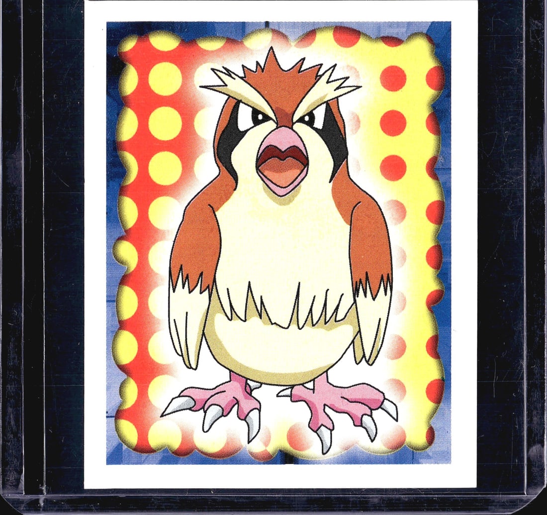 1999 Merlin Topps Pokemon Sticker Collection: This is a 1999 Merlin Collections Pokemon sticker numbered 16, featuring Pidgeot. The front displays a vibrant colorful polka-dot background with Pidgeot in a classic upright pose. The back confirms