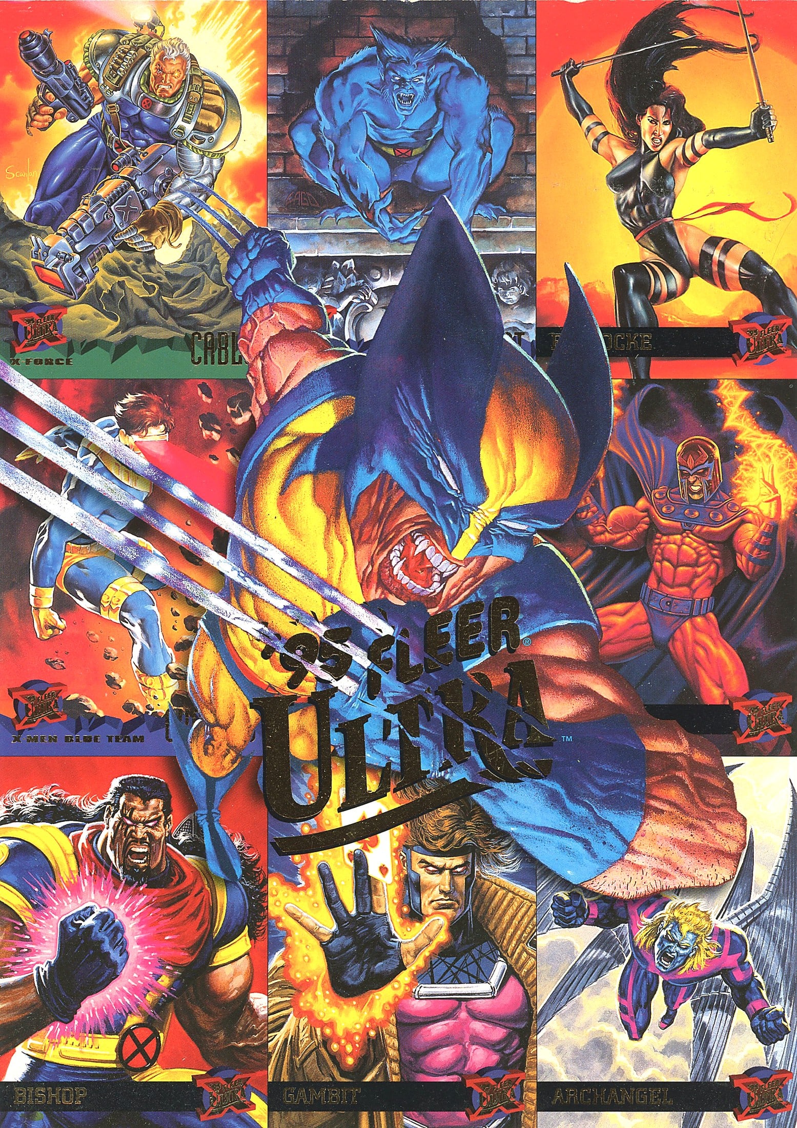 1995 Marvel Comics Fleer X-Men Ultra 3 Preview: This is a 1995 Fleer Ultra X-Men promotional sell sheet or uncut display piece showcasing the trading card set. The central artwork features Wolverine in his classic blue and yellow costume with adama