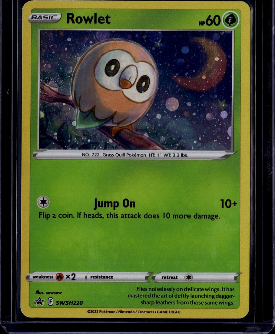 2022 Pokemon Sword Shield Black Star Promo: Rowlet SWSH220 is a Basic Grass-type Pokemon Promo card with 60 HP, released in 2022 as part of the Sword & Shield Black Star Promo series (included in the Spring 2022 Collector Chest). It features a 