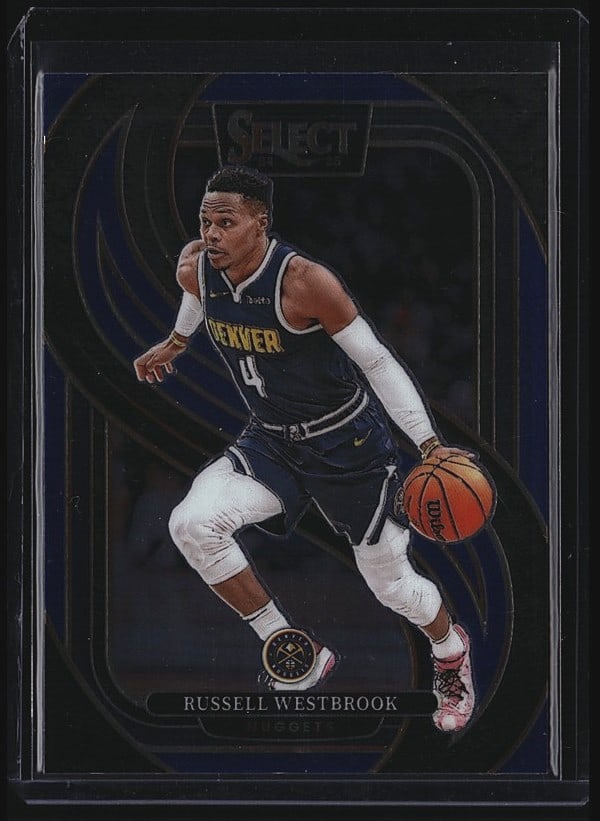 2024 Panini Select Basketball #104 Russell: 2024 Panini Select Basketball card #104 featuring Russell Westbrook of the Denver Nuggets. Card shows Westbrook in his Nuggets uniform dribbling the basketball. The card includes the Denver Nuggets