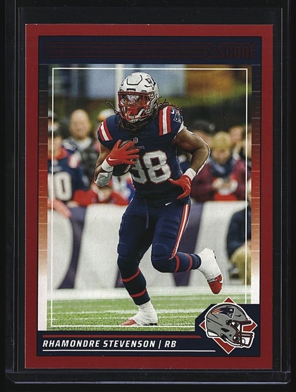 2024 Panini Score #192 Rhamondre Stevenson New: 2024 Panini Score #192 Rhamondre Stevenson running back for the New England Patriots. Raw single in mint condition featuring action photography on front with team logo, stats and descriptive text on