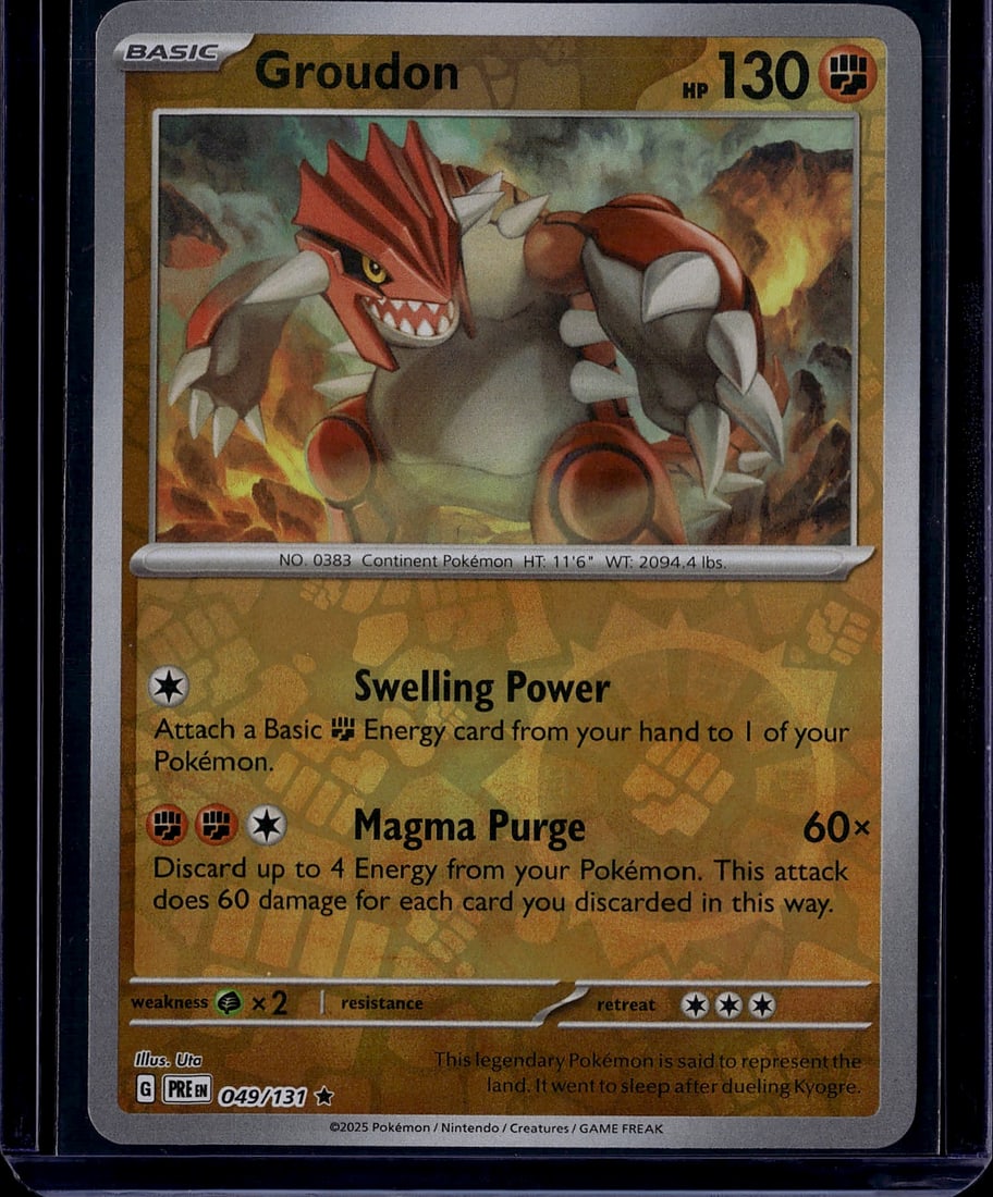 2025 Groudon 049/131 Scarlet & Violet Prismatic: Groudon 049/131 is a Holo Rare Fighting-type card from the 2025 Pokemon TCG set Scarlet & Violet: Prismatic Evolutions. It features the Ancient Pokemon Groudon with 130 HP and is available in