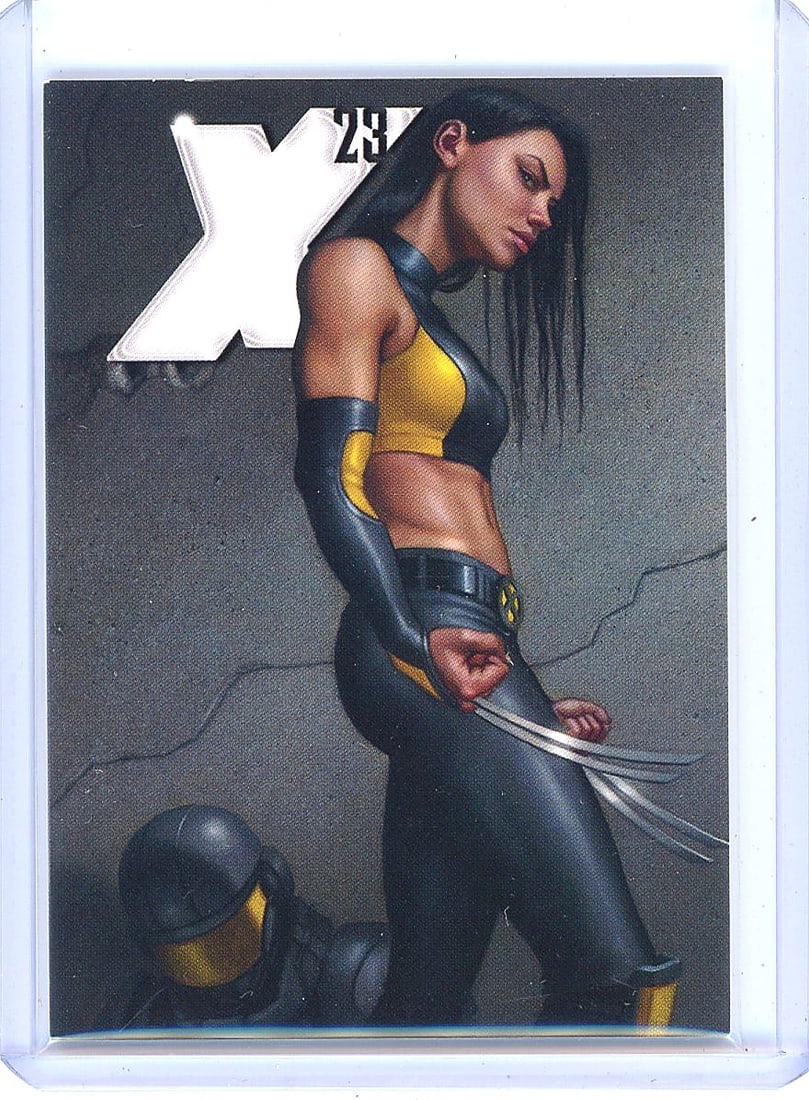 2022 Upper Deck Marvel Masterpieces #35 X-23: 2022 Upper Deck SkyBox Marvel Masterpieces X-23 (Laura Kinney) card #35, featuring a Variant Cover painted by Dan dos Santos. This card is serially numbered 0630/1499, making it a limited parallel. Th