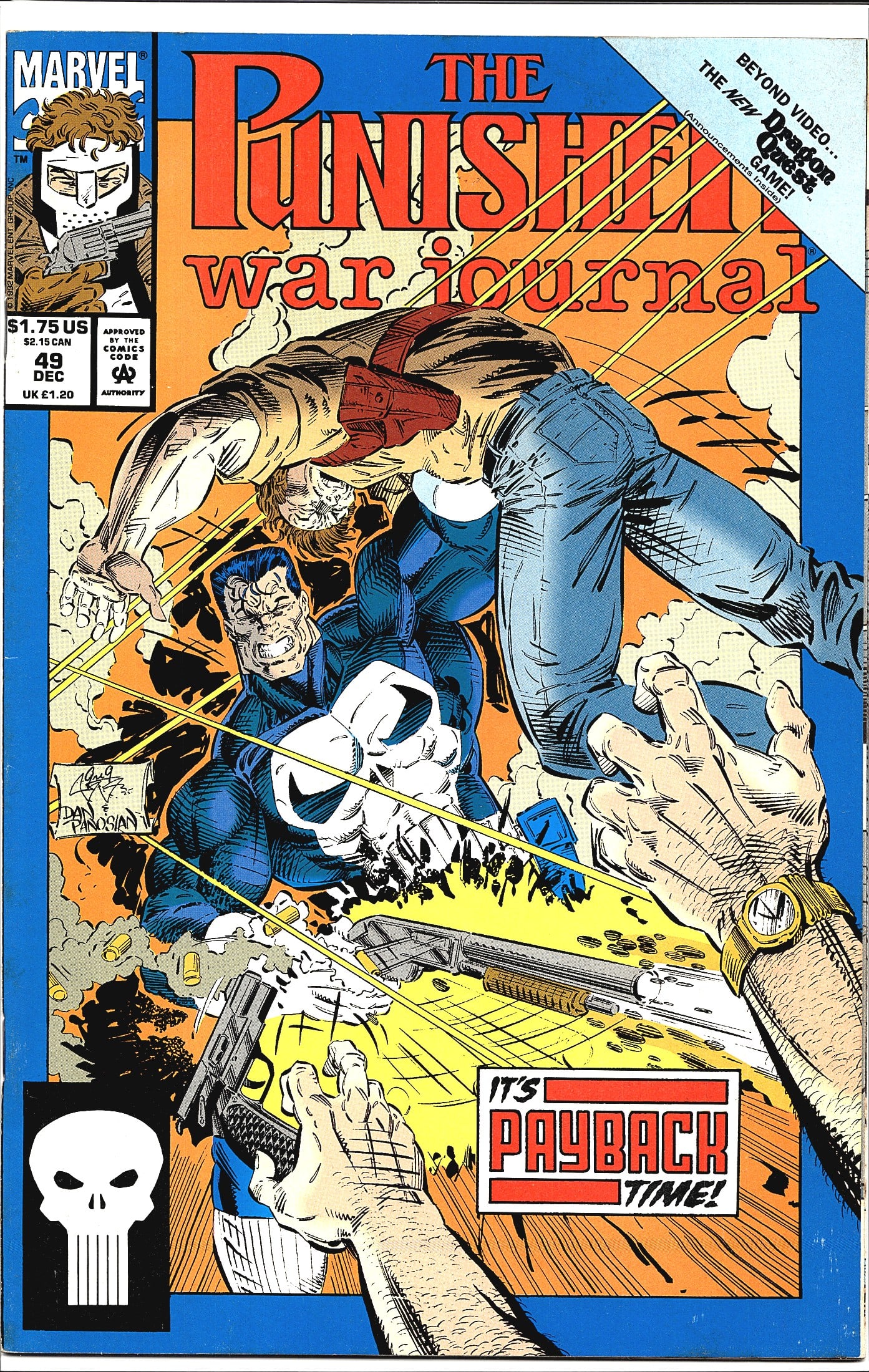 1992 Marvel The Punisher War Journal #49 Comic: This is issue #49 of The Punisher War Journal, published by Marvel Comics, dated December 1992. The cover features a dynamic action scene with the Punisher engaged in a fierce close-quarters brawl, wi