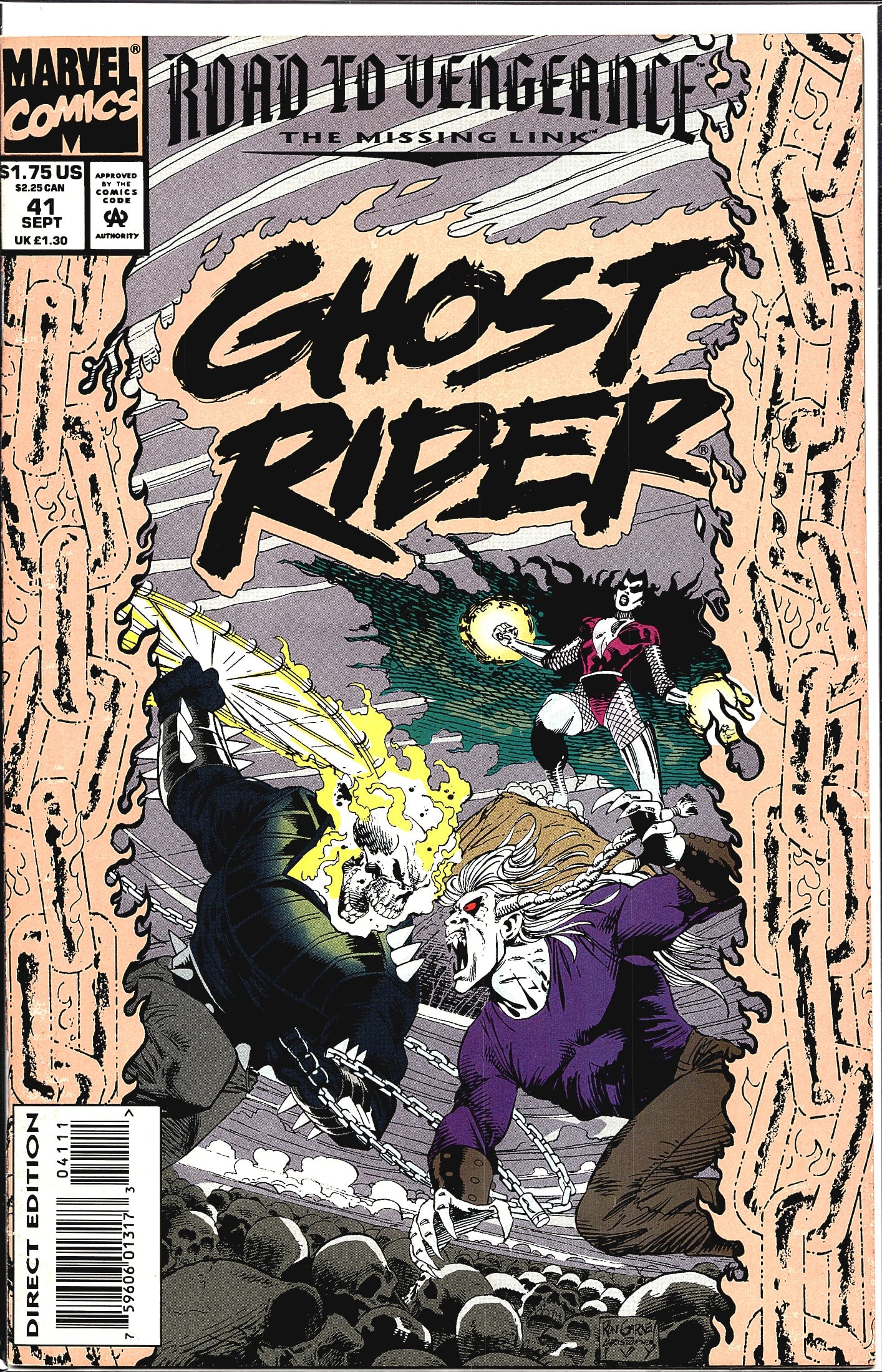 1993 Marvel Comics Ghost Rider #41 Comic Book: Ghost Rider #41 from Marvel Comics, published September 1993, priced at $1.75 US / $2.25 CAN / 1.30 UK. This issue is part of the 'Road to Vengeance: The Missing Link' storyline. The cover art,