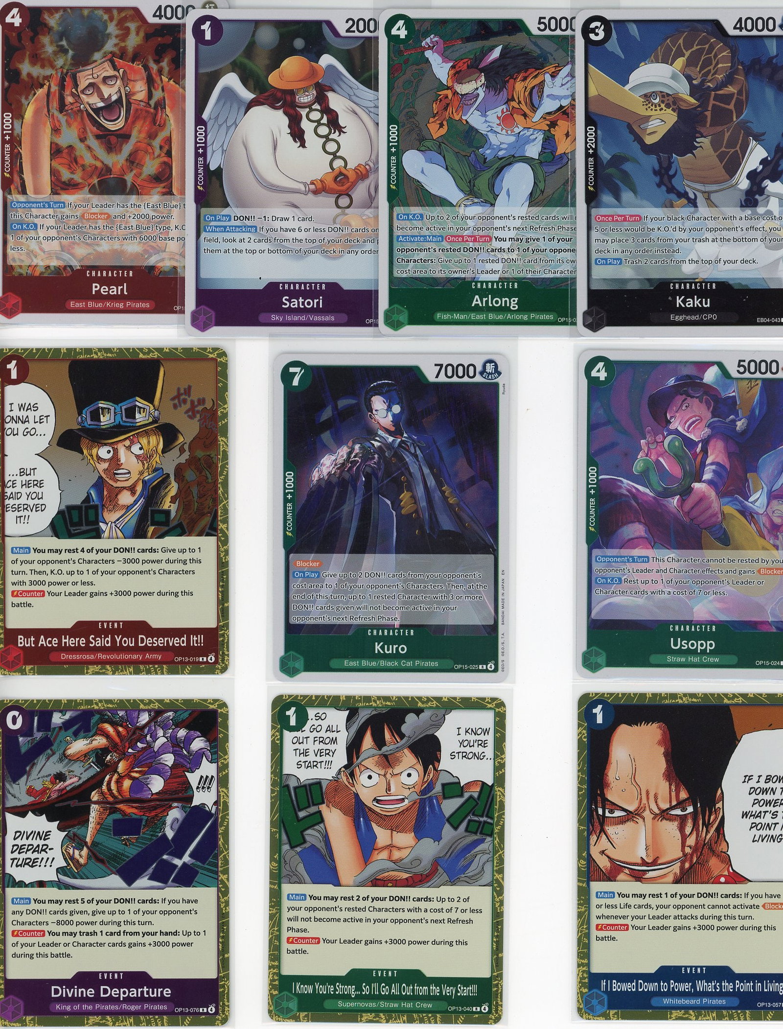 Lot of 10 One Piece Foil Trading Cards - Bandai: This lot includes 10 One Piece foil trading cards from the Bandai One Piece Trading Card Game. The collection features iconic characters including Pearl, Satori, Arlong, Kaku, Kuro, Usopp, and event