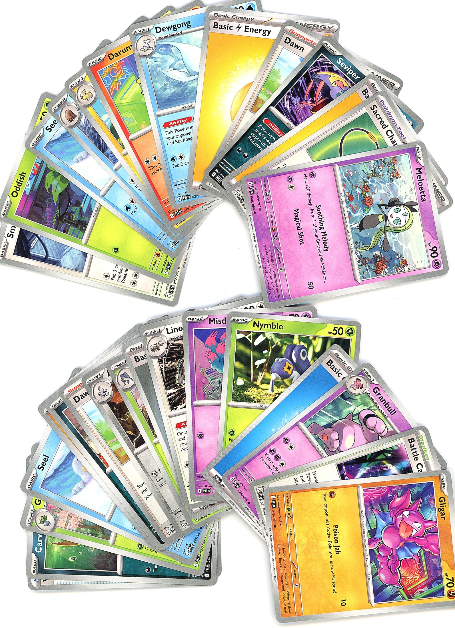 25+ Modern Pokemon Card Lot Non-Holo Trading: This lot contains 25+ modern era Pokemon trading cards featuring a mix of character types and finishes. The collection includes non-holographic cards across various recent sets, visible in the photo