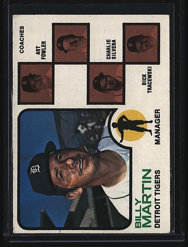 1974 Topps #323 Billy Martin Detroit Tigers: 1974 Topps baseball card #323 featuring Billy Martin, manager of the Detroit Tigers. This raw single displays the classic 1974 Topps design with photo on the front and career statistics on the back.