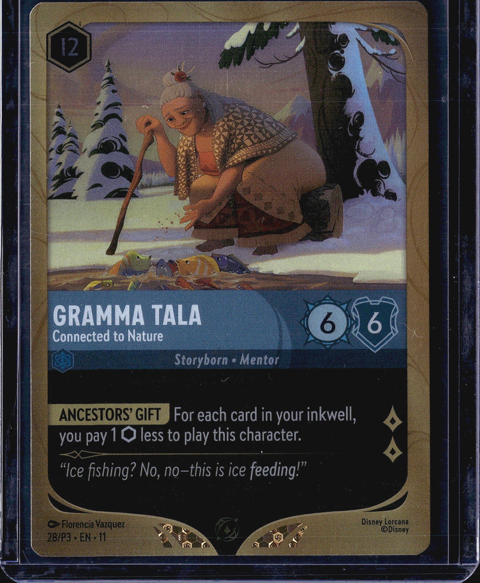 Disney Lorcana Gramma Tala Connected to Nature: This listing is for the Disney Lorcana card Gramma Tala - Connected to Nature, card number 28/P3 from the EN-11 promo set. Illustrated by Florencia Vazquez, this Storyborn Mentor character card featur