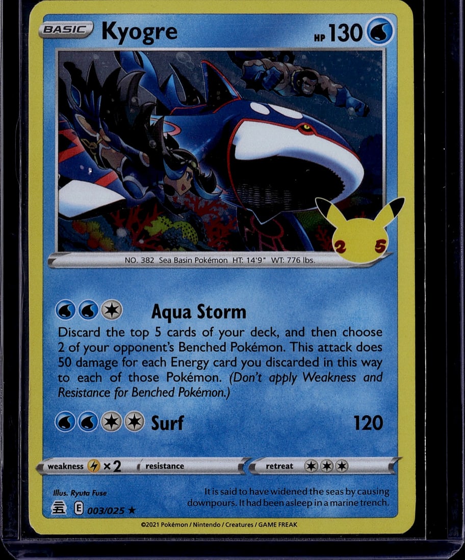 2021 Pokemon Kyogre 003/025 Evolving Skies Card: This is a 2021 Pokemon Trading Card Game Kyogre from the Evolving Skies expansion set, card number 003/025. Kyogre is a Water-type Sea Basin Pokemon featuring stunning full-art holographic