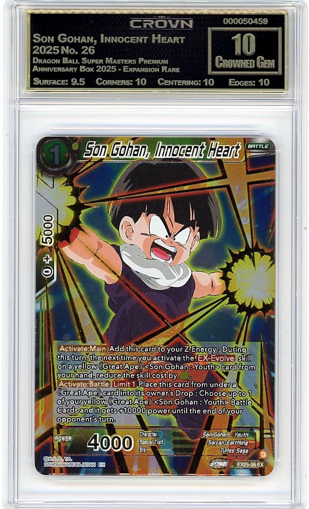 2025 Son Gohan Innocent Heart #26 Crown Graded: This is a 2025 Son Gohan, Innocent Heart card #26 from the Dragon Ball Super Masters Premium Anniversary Box 2025 - Expansion Rare set. A premium release celebrating the Dragon Ball Super TCG, this