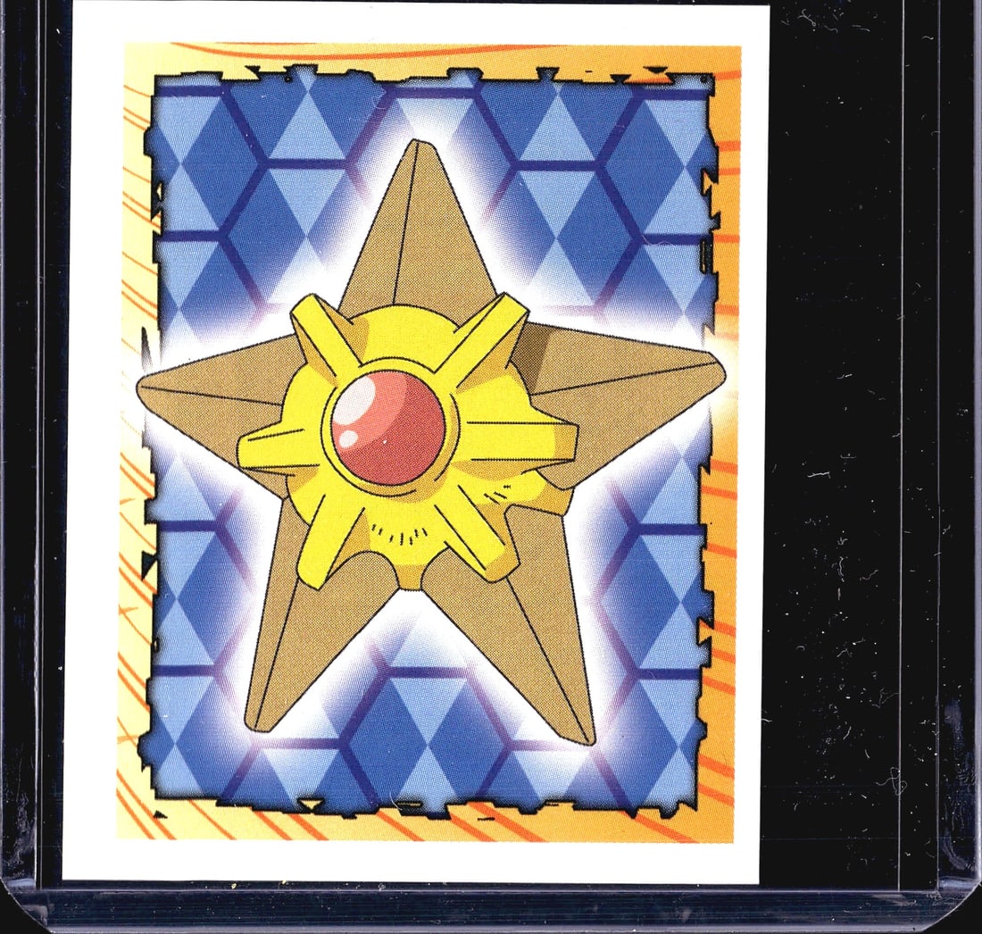 1999 Merlin Pokemon Sticker Collection Series 1: This is sticker #120 from the 1999 Merlin Pokemon Sticker Collection, featuring Staryu - the star-shaped Water-type Pokemon. The front displays a vibrant holographic-style illustration of Staryu