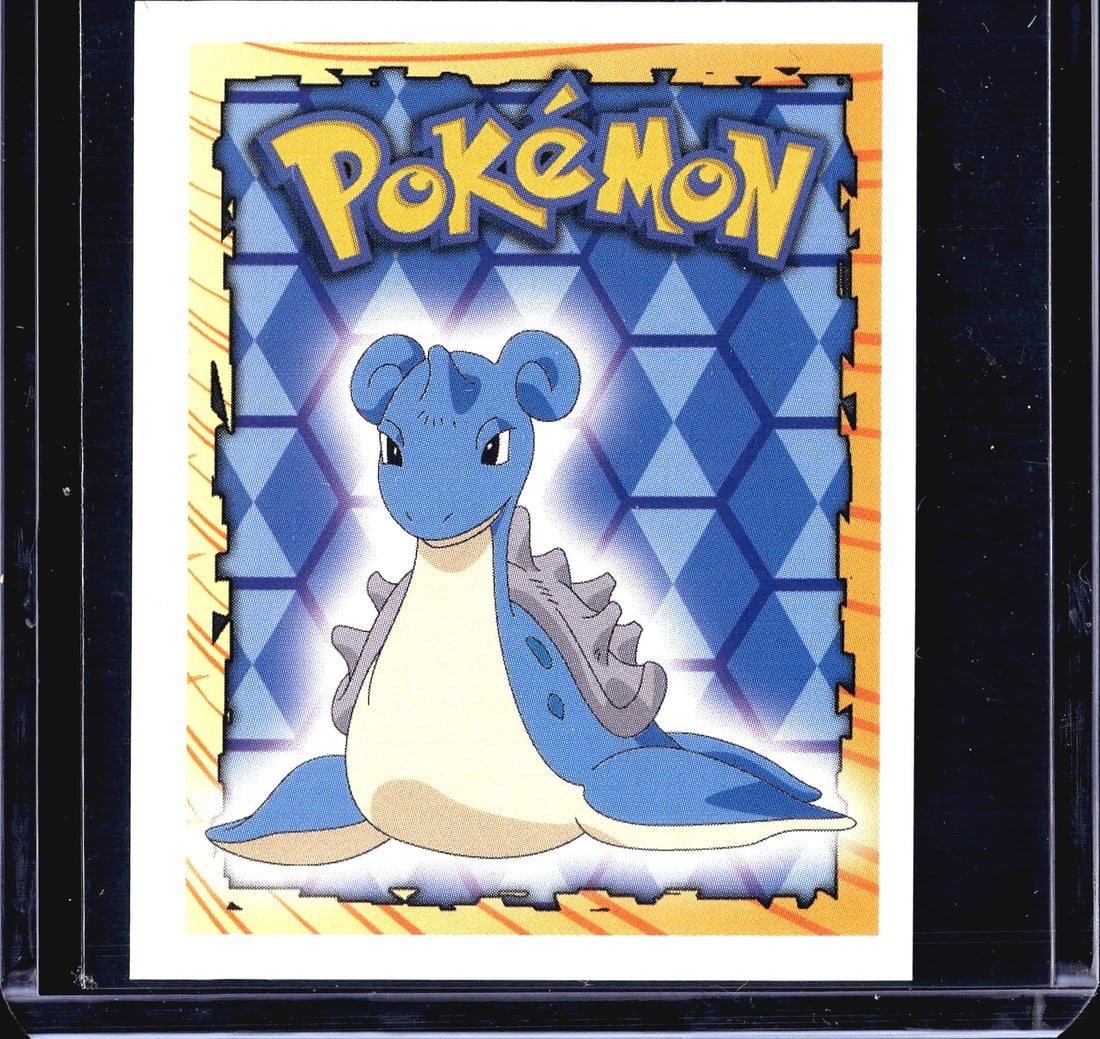 1999 Merlin Pokemon Sticker #131 Lapras Merlin: This is a 1999 Merlin Collections Pokemon sticker numbered 131, featuring Lapras. The front displays the iconic Pokemon logo in yellow with a blue diamond-pattern background and a glowing