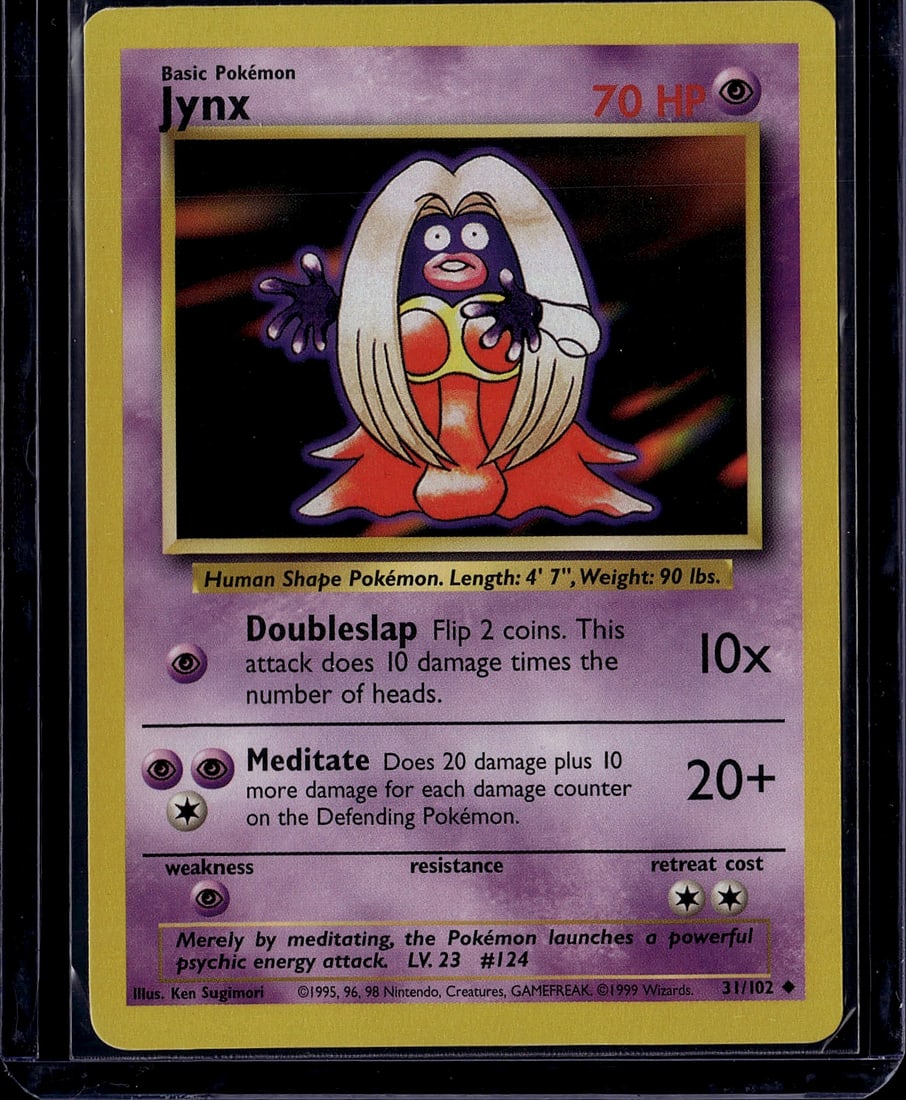 1999 Pokemon Base Set Jynx #31/102 Card: This is a 1999 Pokemon Trading Card Game Base Set Jynx card (#31/102), featuring the iconic Psychic-type Basic Pokemon with 70 HP. The card displays vibrant artwork by Ken Sugimori showing Jynx in