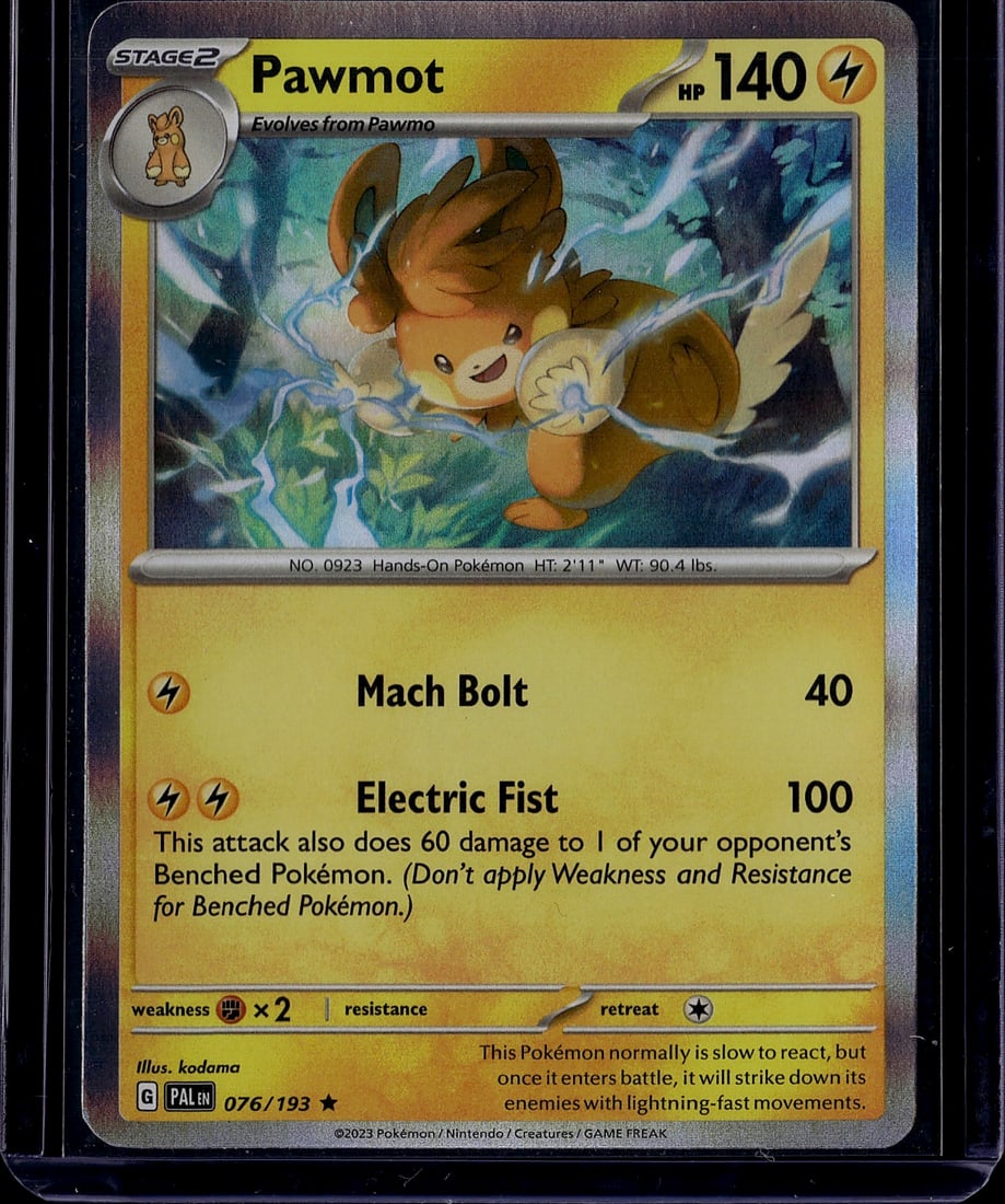 Pawmot Stage 2 Pokemon Card 076/193 Scarlet: This is a raw Pawmot Stage 2 Pokemon card from the Scarlet & Violet set, card number 076/193. The card features Pawmot, a hands-on Pokemon evolution, with 140 HP and Lightning-type energy. The
