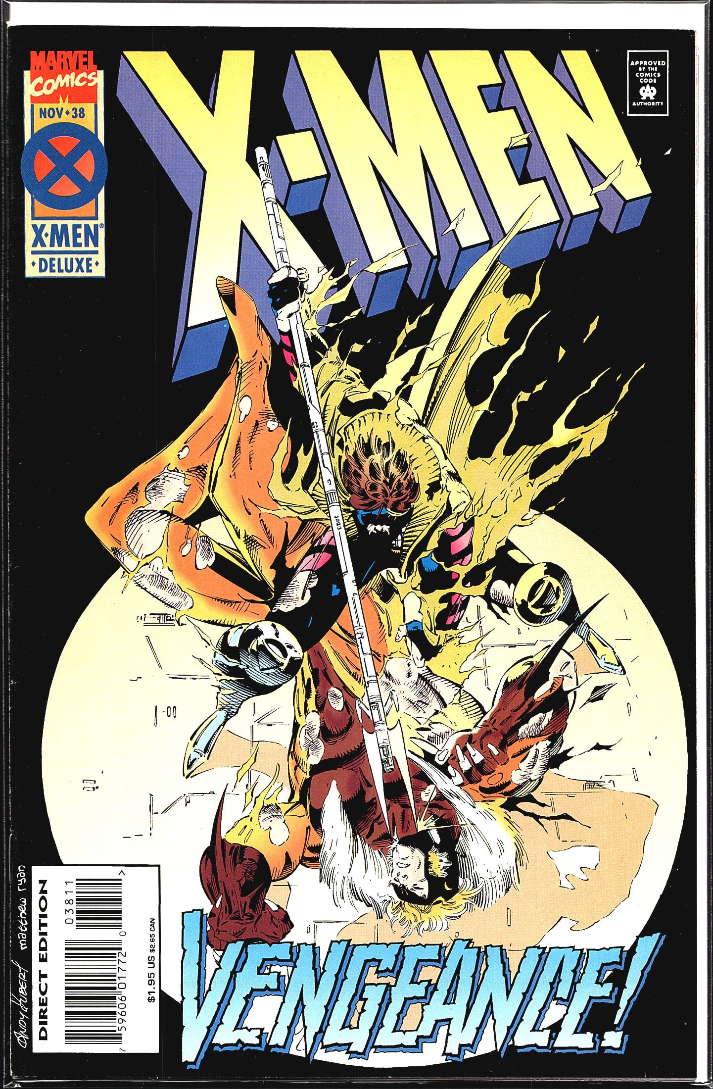 1995 Marvel Comics X-Men #38 Comic Book: This is X-Men #38, published by Marvel Comics and dated November 1994, presented as a Deluxe Direct Edition. The cover features an action-packed battle scene with multiple X-Men characters engaged in 