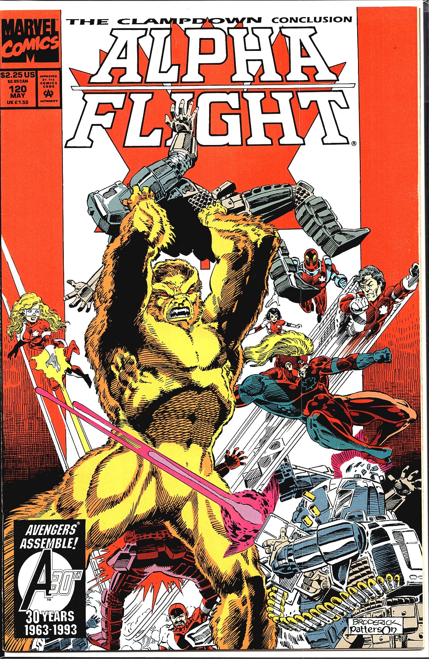 Alpha Flight #120 Marvel Comics 1993 The: Alpha Flight #120 published by Marvel Comics, cover dated May 1993, priced at $2.25 US. This issue features the conclusion of 'The Clampdown' story arc. The cover art is credited to Broderick and