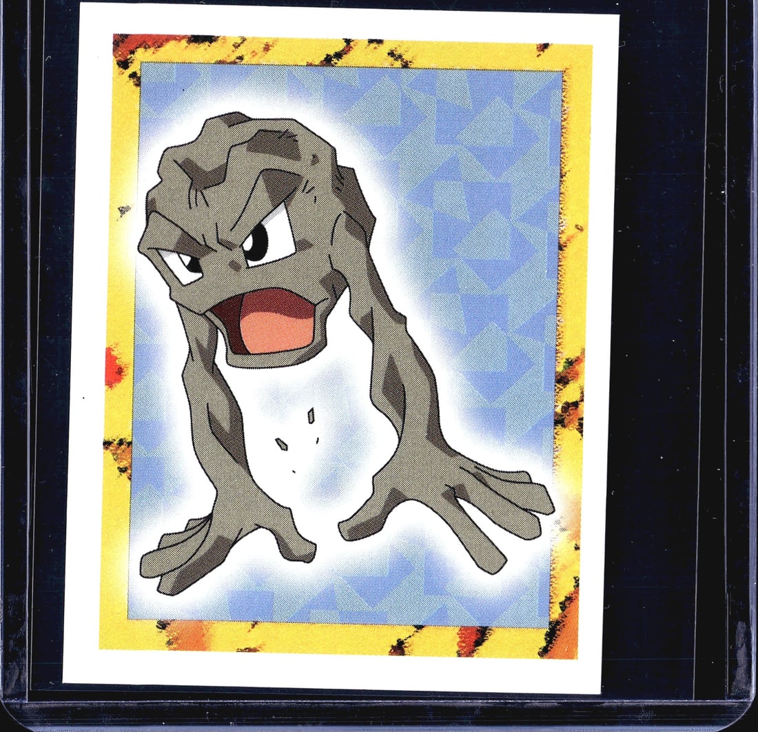 1999 Merlin Topps Pokemon Stickers Series 1: This is sticker #74 from the 1999 Merlin Pokemon Sticker Collection, featuring Geodude. The front displays the Geodude artwork on a light blue holographic-style background with a yellow and orange