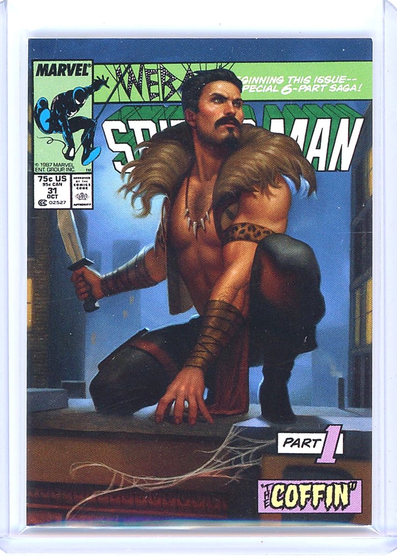 2022 Upper Deck Marvel Masterpieces Kraven #13: This is card #13 from the 2022 Marvel Masterpieces SkyBox set, featuring Kraven the Hunter with a Variant Cover designation. The front art depicts a reimagined version of the Web of Spider-Man #31