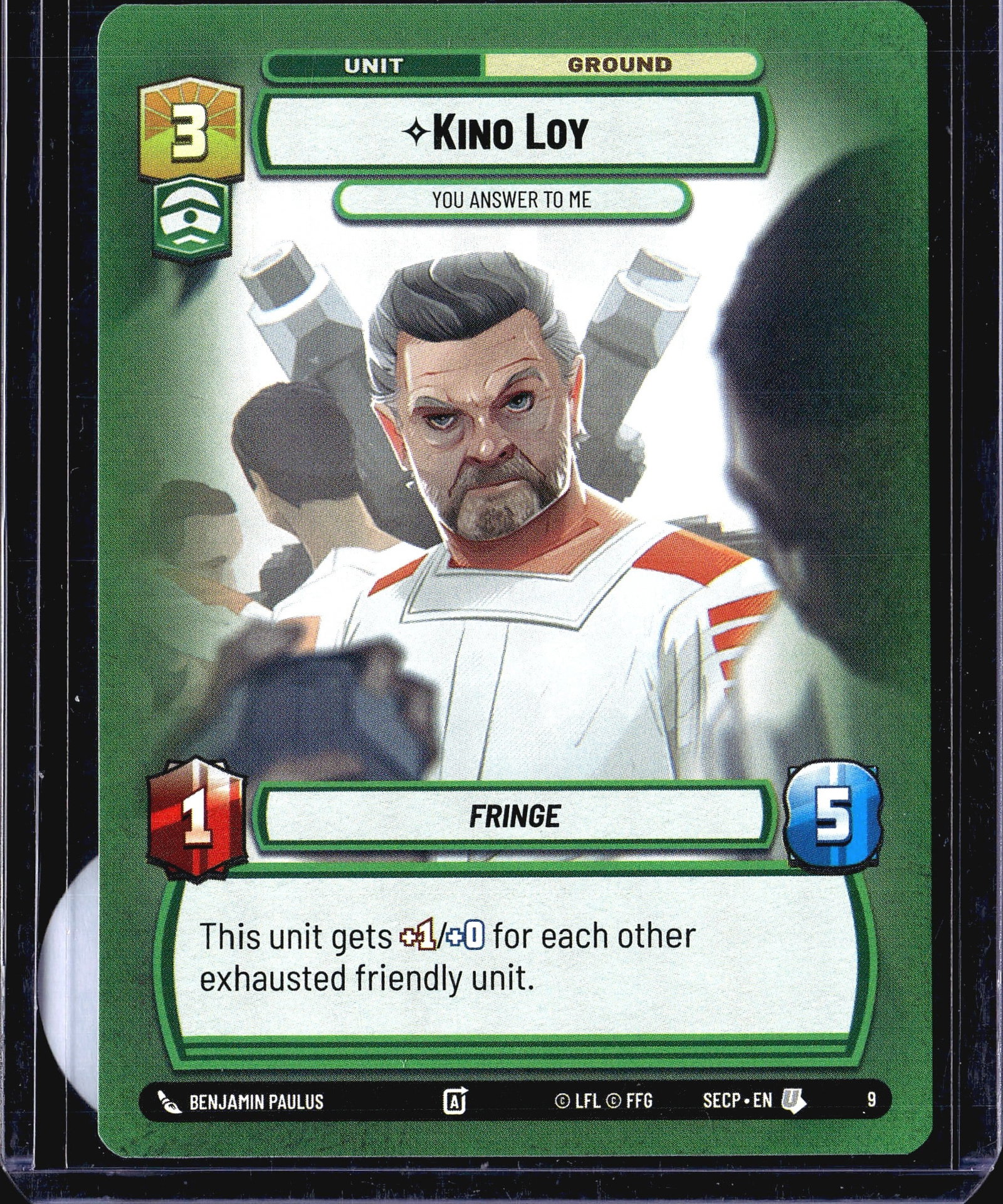 2024 Fantasy Flight Games Spark of Rebellion: This listing features Kino Loy (#9) from the Star Wars Unlimited trading card game, specifically from the Spark of Rebellion set published by Fantasy Flight Games. Kino Loy is a Ground Unit card