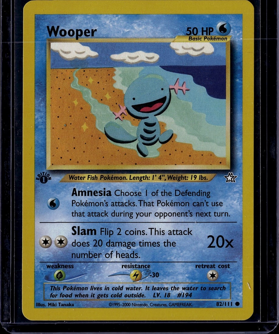 Wooper 82/111 Neo Genesis Pokemon Card - Water: This is an authentic Wooper Pokemon Trading Card from the Neo Genesis set, card number 82/111. As a Basic Water-type Pokemon, Wooper features the iconic artwork by Miki Tanaka and represents one of
