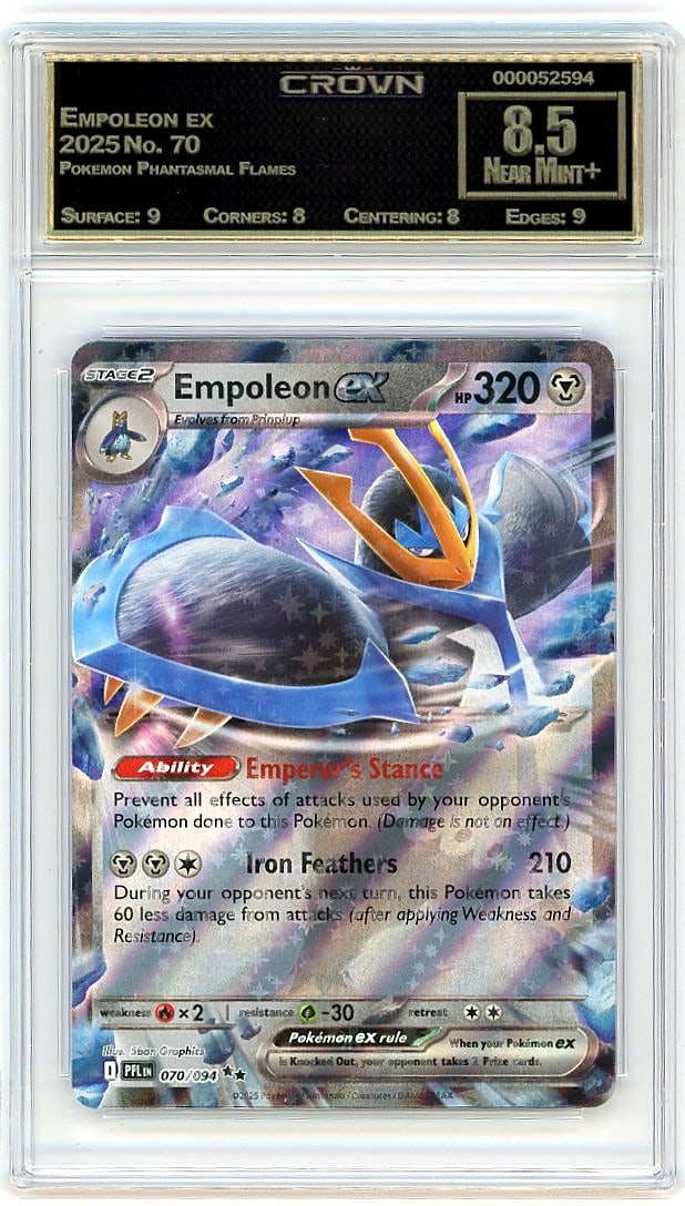 2025 Empoleon ex Pokemon Phantasmal Flames #70: Graded by Crown Grading. Grade: 8.50. Near Mint+