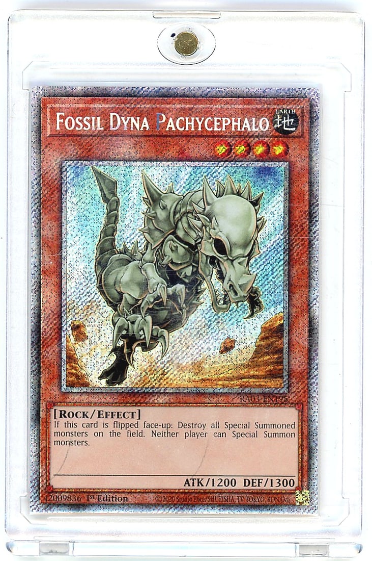 2020 Konami Yu-Gi-Oh Rarity Collection 03 Fossil: Fossil Dyna Pachycephalo is a Yu-Gi-Oh! EARTH attribute Rock/Effect monster from the Rarity Collection 03 set, card number RA03-EN195, printed in 1st Edition. The copyright line reads 2020 Studio