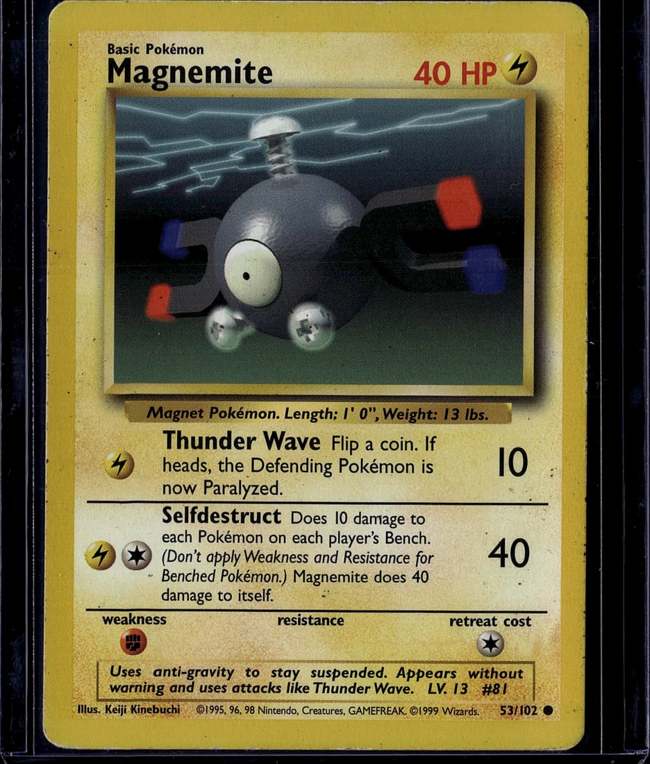 Magnemite Base Set 53/102 Pokemon Card 1999: This is an original 1999 Magnemite Pokemon card from the Base Set, card number 53/102. Illustrated by Keiji Kinebuchi, this Basic Lightning-type Pokemon features the iconic magnet creature with its